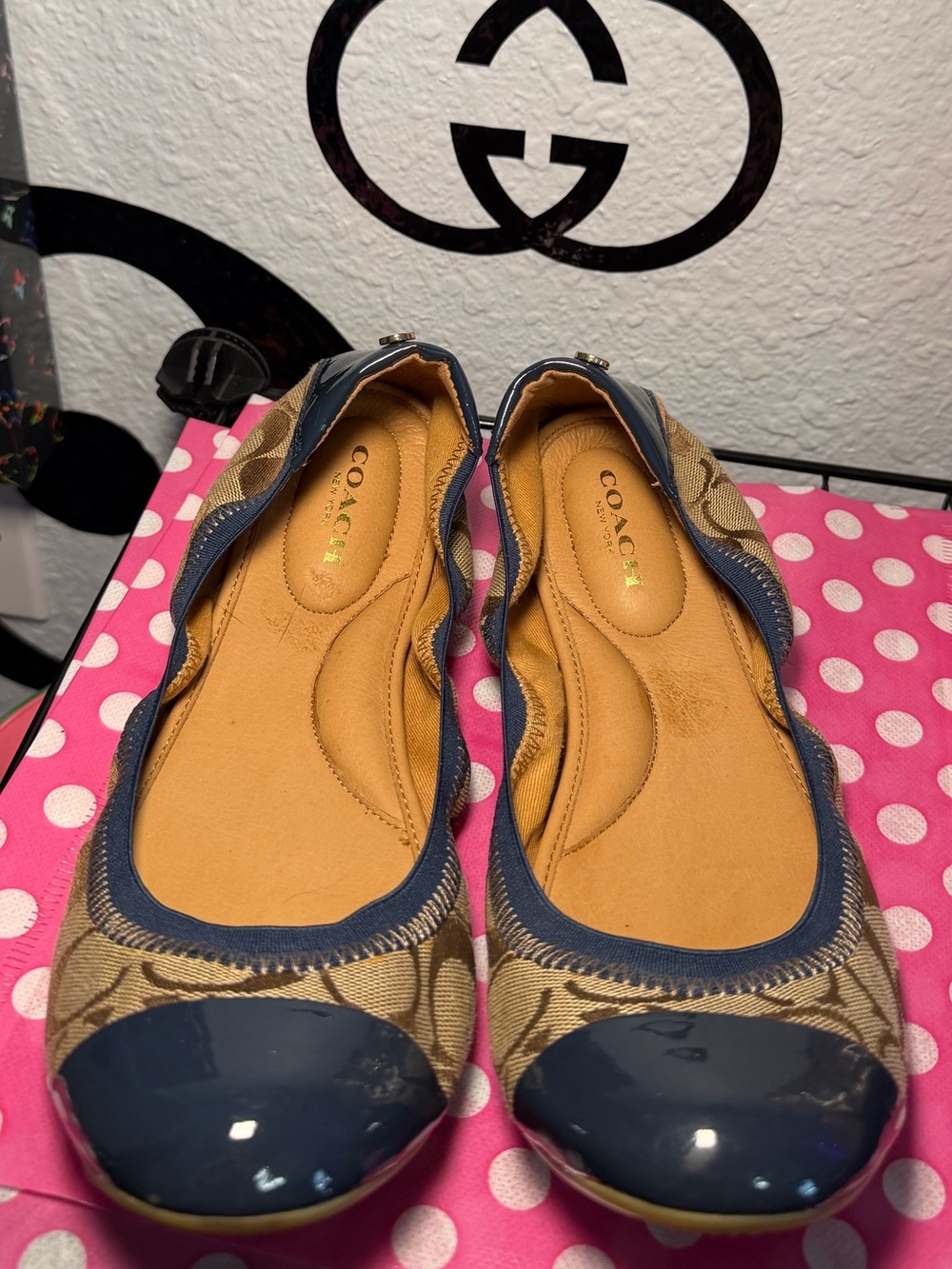 COACH Wanda Ballet Flat A4953 Signature Khaki Navy Patent Cap Toe 8.5B
